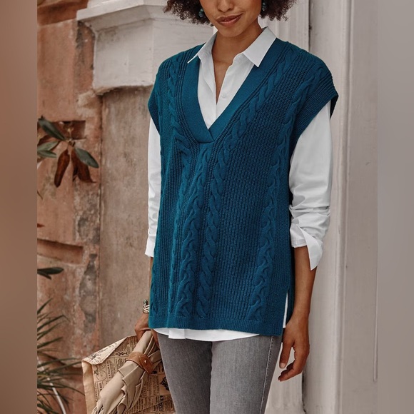 J.JILL V-NECK CABLE VEST PEACOCK BLUE - Picture 2 of 14